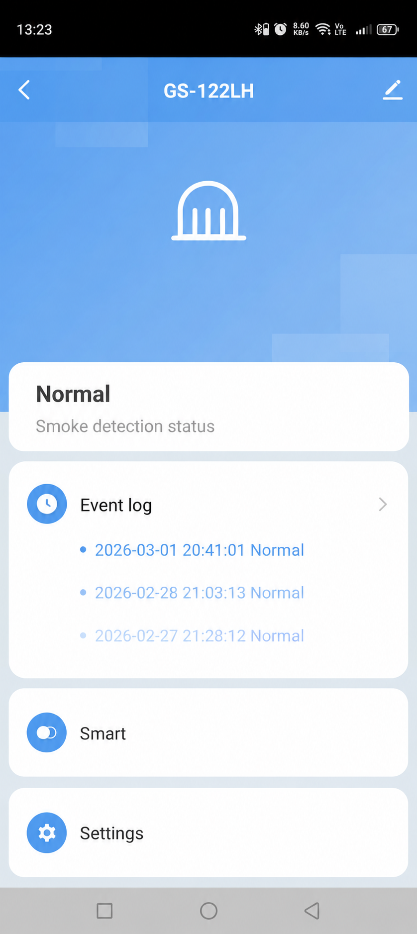 GS-122LH status and event history in the GEYER Smart app